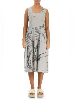 Grizas Balloon Sleevless Printed beige Linen Dress Lagenlook minimal neutral M